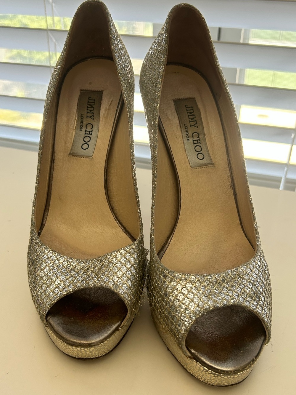Jimmy Choo Silver Gold Glitter Peep-Toe Heels